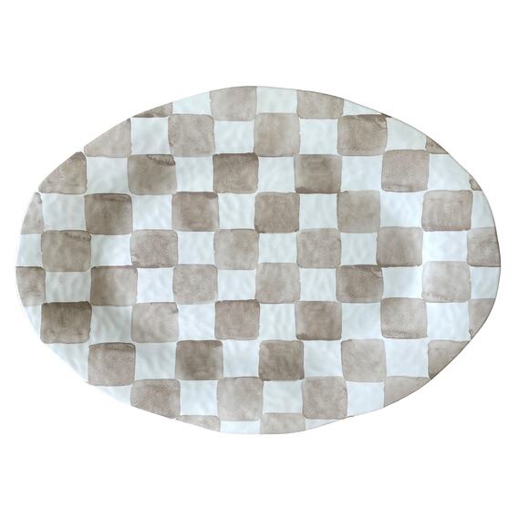 Chic Taupe & White Checkered Melamine Large Serving Platter 13X18 Oval NEW - Picture 4 of 9